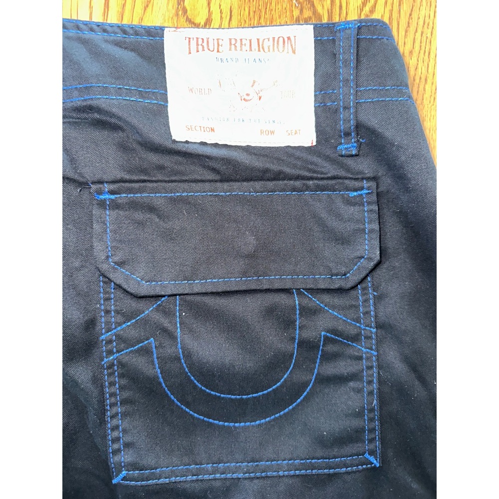 True Religion Mens Black Cargo Pants Blue Contrast Stitch Straight Leg Size 34 - Picture 8 of 11